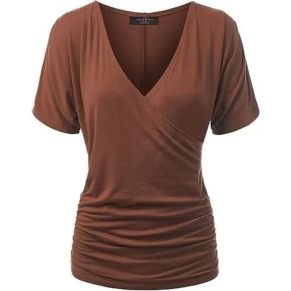 Made By Johnny Brown Wrap V-Neck Top Ruched Sides Dolman Sleeves Size Medium - Picture 3 of 11